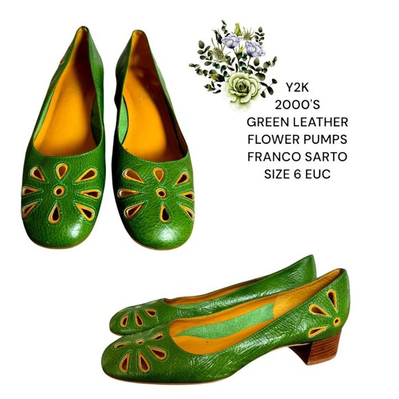 Y2K 2000'S FRANCO SARTO GREEN FLOWER LEATHER PUMPS HEELS SZ. 6‎ RARE - Picture 1 of 4